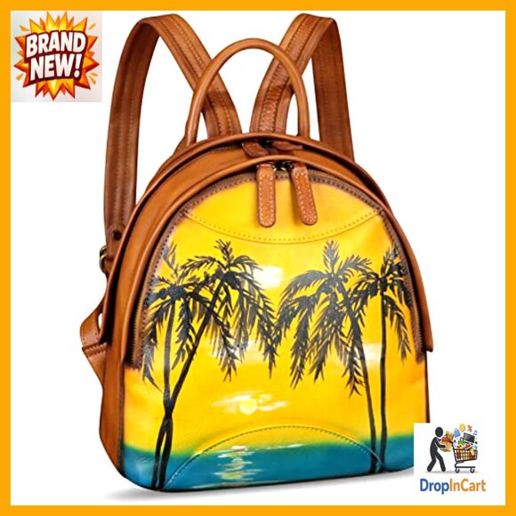 Genuine Leather Backpack Hand Painted Retro Vintage Daypack College Casual